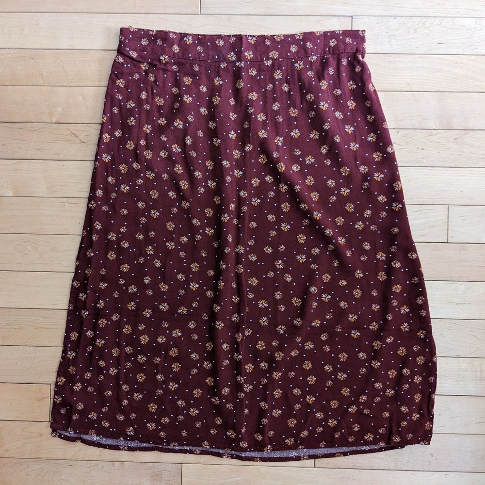 Red Rust Ditsy Floral Bohemian Midi Skirt with Side Slits, Size Small